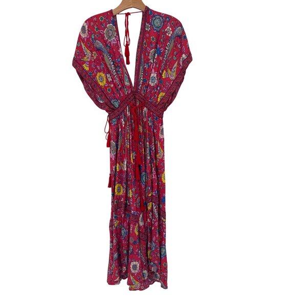 R Vivimos Bohemian Red Floral Maxi Dress womens Tassel Tie size meium - Picture 2 of 7